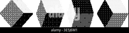 Pixelated cubes set. Bitmap 3D square form collection. Dither element pack for graphic design, banner, poster, leaflet. Halftone cube shape with rasterized effect. Vector pixel Y2K geometric bundle Stock Vector