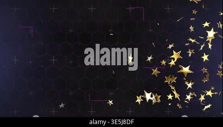 Scattering gold star cluster flowing across honeycomb grid right, with purple brackets, copy space Stock Photo