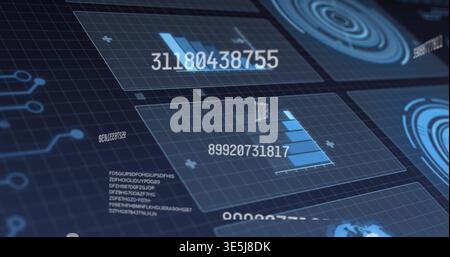 Displaying central translucent panel on dark grid plane showing 89920731817 and blue charts radar Stock Photo