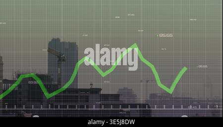 Displaying green chart running across hazy city skyline over grid, showing crane and numeric labels Stock Photo