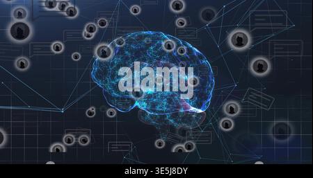 Displaying glowing stylized brain pulsing with blue-cyan threads in virtual grid, with avatar icons Stock Photo