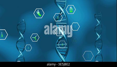 Showing central 3D DNA helix glowing at lab UI, displaying flanking helices with green hex icons Stock Photo