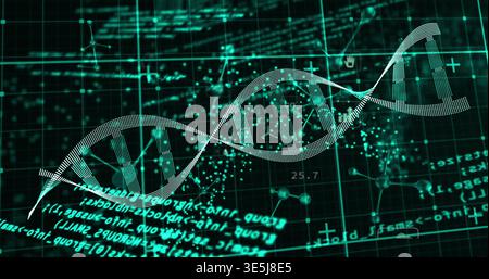 Displaying stylized DNA double helix floating in virtual lab dashboard, with teal grid and code Stock Photo