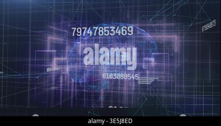 Displaying hologram brain pulsing in virtual 3D grid space, showing numeric readouts and wireframe Stock Photo