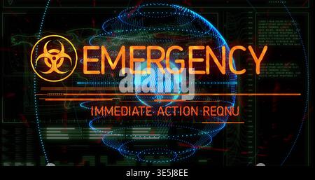 Displaying EMERGENCY banner and biohazard symbol over console showing dotted holographic globe Stock Photo