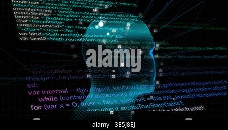 Floating stylized 3D head displaying code fragments in virtual cyberspace, showing node markers Stock Photo