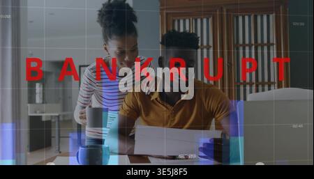 Man tapping phone and reading bills at table woman leaning, BANKRUPT finance overlay covering bills Stock Photo