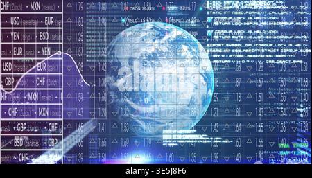 Displaying central Earth globe rotating over market UI, with fx rates, data grid, icons and code Stock Photo