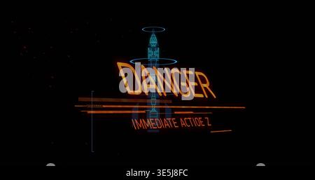 Displaying holographic DANGER warning over black HUD, showing IMMEDIATE ACTION Z, missile schematic Stock Photo