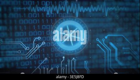 Pulsing circular HUD element sending data in virtual dashboard showing binary grid waveform traces Stock Photo