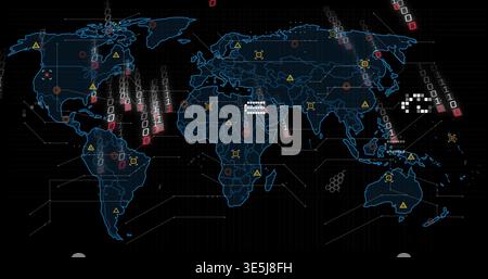 Displaying stylized world map on control HUD, showing yellow warnings, red targets, binary streams Stock Photo