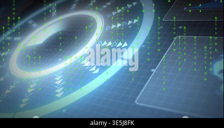 Glowing central HUD ring rotating over gridded digital plane, showing falling green binary digits Stock Photo