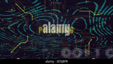 Displaying teal fingerprint and glowing PHISHING text on dark navy background with gold circuits Stock Photo