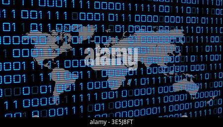 Displaying gray world map at center on dark field, overlaying blue binary grid and scanlines Stock Photo