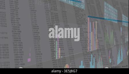 Displaying translucent glass dashboard, showing monospaced IDs, ERROR entries, bars, blue headers Stock Photo