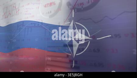 Displaying Russian tricolor flag with NATO emblem waving in data visuals, overlaying red trend line Stock Photo