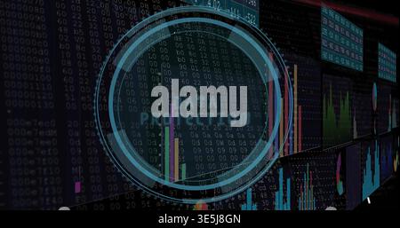 Displaying blue HUD overlay reading PROTECTION at control-room displays, showing charts Stock Photo