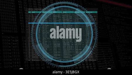 Displaying concentric teal HUD overlay centered on cyber desktop, showing log with hex dumps Stock Photo