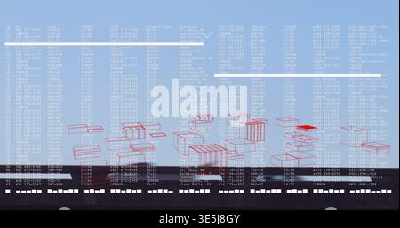 Showing digital dashboard displaying white text columns and red wireframe blocks on blue screen Stock Photo