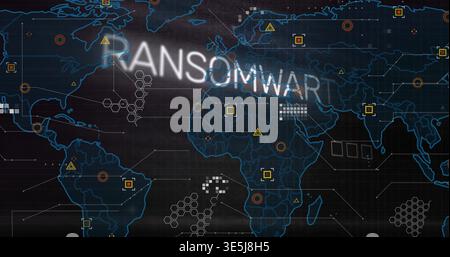 Showing blue global map on grid panel, displaying RANSOMWAR overlay, warning icons, markers, nodes Stock Photo