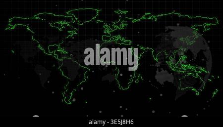 Displaying world map glowing on virtual HUD display, showing neon contours, halftone fills, grid Stock Photo