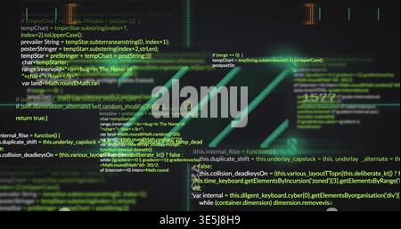 Displaying centered block showing layered source code and neon-green emblem at dev console HUD 1577 Stock Photo