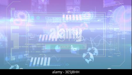 Displaying central HUD panel over virtual dashboard showing 91% loading bar and globe icons Stock Photo