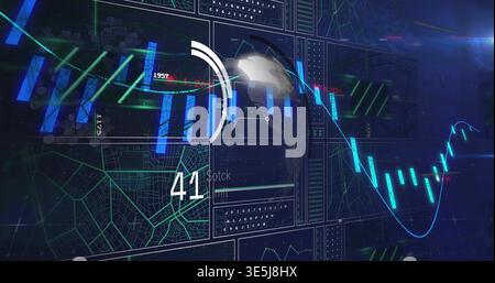 Displaying data dashboard showing vertical bars, cyan waveform, globe and gauge on analytics panel Stock Photo