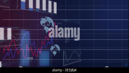Displaying market data on dark blue grid showing red and blue trend lines, white bars, percentages Stock Photo