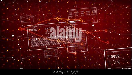 Showing central clear UI panel in cyber network, displaying keyboard, numeric labels, node markers Stock Photo