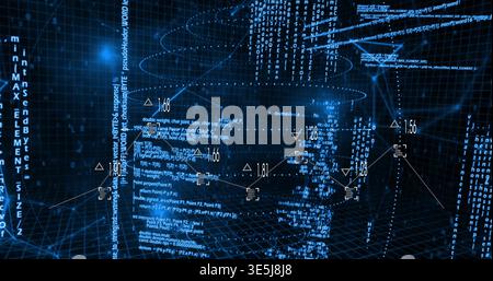 Displaying 3D wireframe head built from code streams over deep grid, showing numeric tags Stock Photo