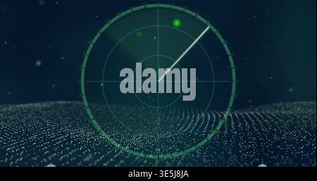 Displaying transparent circular radar scope sweeping across dark teal interface, with green blip Stock Photo