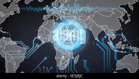 Projecting blue HUD over central Africa on virtual dashboard, showing map outlines, circuit traces Stock Photo