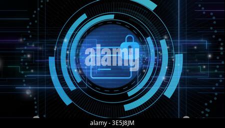 Displaying central concentric HUD pulsing in dark cyber grid, showing folder padlock and binary Stock Photo