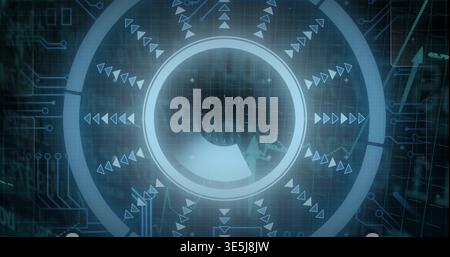 Displaying central circular HUD dial pulsing in virtual dash, showing segmented wedge and arrows Stock Photo