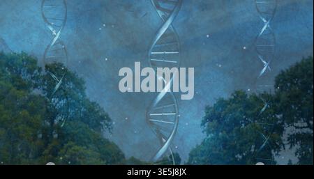 Floating large DNA double helix drifting over tree canopy at night, with glowing specks and helices Stock Photo