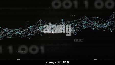 Pulsing stylized cyan node-link network forming waveform on black background, with MALWARE label Stock Photo