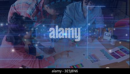 Pointing female in pink top, men in plaid, light-blue marking swatches at studio under blue overlay Stock Photo