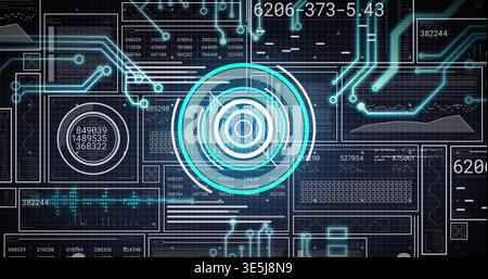 Displaying central concentric HUD reticle glowing on dark grid console, showing panels and traces Stock Photo