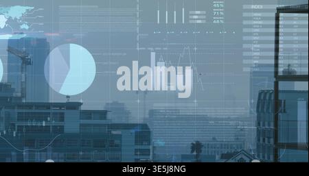 Displaying skyline overlaying HUD charts from rooftop view, showing crane HVAC antennae palm tree Stock Photo