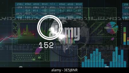 Displaying white HUD ring with numeric 152 pulsing on dark dashboard, showing bar charts, wireframe Stock Photo