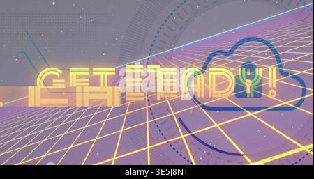 Glowing centered GET READY! text and cloud emblem pulsing across synthwave grid, neon HUD Stock Photo