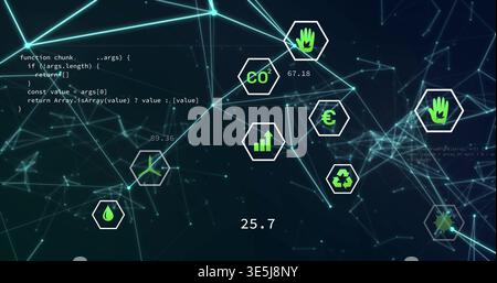Displaying central network visual pulsing across virtual UI, showing hex badges and numeric labels Stock Photo