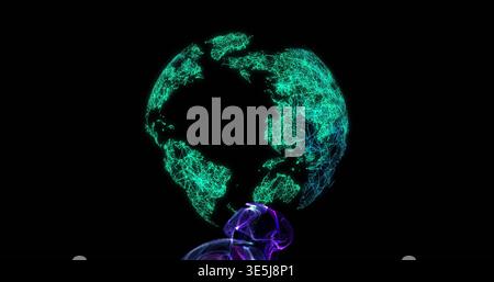 Floating wireframe Earth globe glowing above black void, showing teal mesh and purple-blue smoke Stock Photo