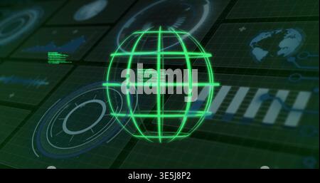 Hovering neon-green globe hologram projecting above virtual command console, with HUD panels Stock Photo