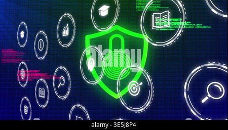 Displaying neon green shield with padlock fingerprint target on cyber dashboard with circular icons Stock Photo