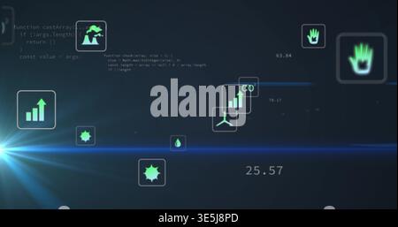 Displaying central floating neon-green icon tiles on dark blue HUD with numeric overlays and code Stock Photo