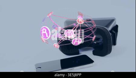 Displaying VR headset resting on pale-blue tabletop, showing smartphone and holographic globe Stock Photo