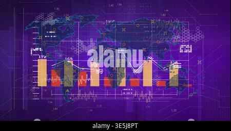 Displaying on-screen global panel showing map with orange red beige bars, white line, hex clusters Stock Photo