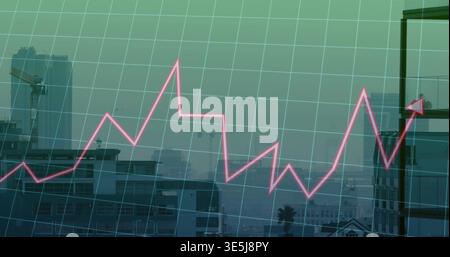 Displaying neon-pink line chart rising across city skyline center with grid, arrowhead, crane Stock Photo